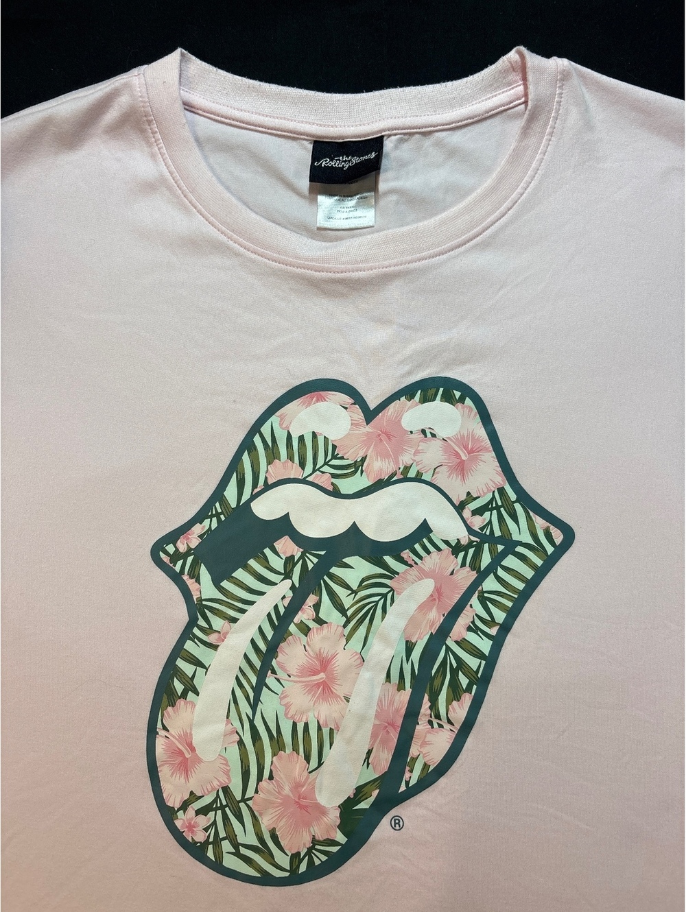 Rolling Stones Women’s L Pink Tropical Floral Tongue Logo Band T-Shirt